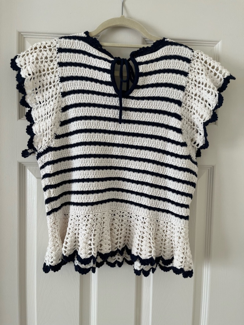 Rails Coen Striped Crochet Ruffle Sleeve Top in Anadia Stripe, Small, Navy Ivory - Picture 3 of 9